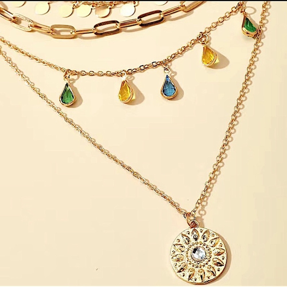 Feminine Layered Four Tiered Colorful Medallion Discs Gold Adjustable Necklace. - Picture 2 of 2